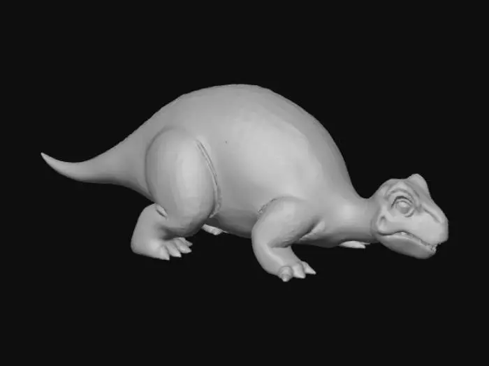 3D model for Create a high-quality 3D render in a chunky world of warcraft/blizzard art style. Use the exact same pose, proportions, body alignment, and camera angle as the reference: a clean left-side orthographic profile with zero perspective distortion. The creature lies completely flat on its belly with its head resting fully on the ground, neck extended forward, body forming a perfectly straight horizontal line from nose to tail, and all four legs splayed outward in a relaxed, natural position. The front legs angle slightly forward and outward, and the back legs angle slightly backward and outward. Maintain perfect left-right symmetry, smooth rounded shapes, simple soft lighting, and a neutral background. Now recreate this same fixed pose and style, but as a t-rex, keeping the vinyl
