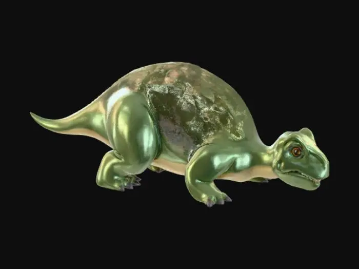 3D model for Create a high-quality 3D render in a chunky world of warcraft/blizzard art style. Use the exact same pose, proportions, body alignment, and camera angle as the reference: a clean left-side orthographic profile with zero perspective distortion. The creature lies completely flat on its belly with its head resting fully on the ground, neck extended forward, body forming a perfectly straight horizontal line from nose to tail, and all four legs splayed outward in a relaxed, natural position. The front legs angle slightly forward and outward, and the back legs angle slightly backward and outward. Maintain perfect left-right symmetry, smooth rounded shapes, simple soft lighting, and a neutral background. Now recreate this same fixed pose and style, but as a t-rex, keeping the vinyl