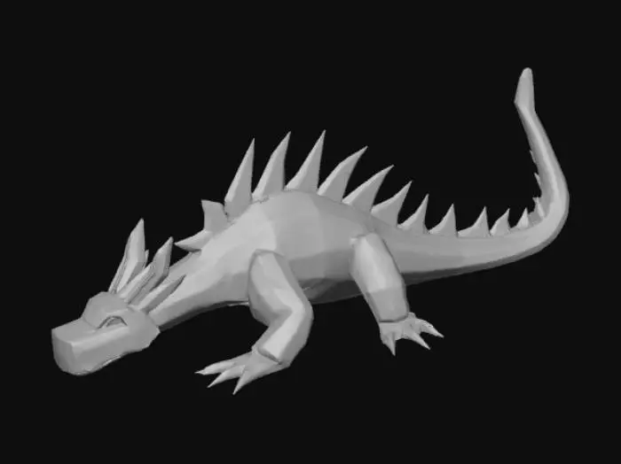 3D model for Create a high-quality 3D render in a chunky world of warcraft/blizzard art style. Use the exact same pose, proportions, body alignment, and camera angle as the reference: a clean left-side orthographic profile with zero perspective distortion. The creature lies completely flat on its belly with its head resting fully on the ground, neck extended forward, body forming a perfectly straight horizontal line from nose to tail, and all four legs splayed outward in a relaxed, natural position. The front legs angle slightly forward and outward, and the back legs angle slightly backward and outward. Maintain perfect left-right symmetry, smooth rounded shapes, simple soft lighting, and a neutral background. Now recreate this same fixed pose and style, but as a dragon, keeping the vinyl texture