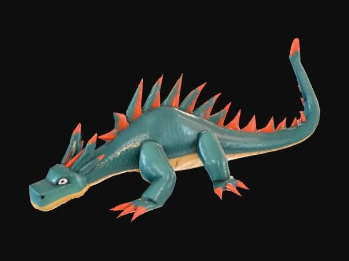 3D model for Create a high-quality 3D render in a chunky world of warcraft/blizzard art style. Use the exact same pose, proportions, body alignment, and camera angle as the reference: a clean left-side orthographic profile with zero perspective distortion. The creature lies completely flat on its belly with its head resting fully on the ground, neck extended forward, body forming a perfectly straight horizontal line from nose to tail, and all four legs splayed outward in a relaxed, natural position. The front legs angle slightly forward and outward, and the back legs angle slightly backward and outward. Maintain perfect left-right symmetry, smooth rounded shapes, simple soft lighting, and a neutral background. Now recreate this same fixed pose and style, but as a dragon, keeping the vinyl texture