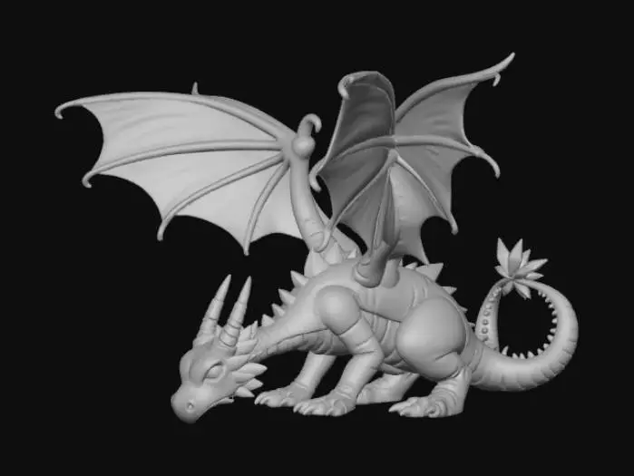 3D model for A high-quality 3D render in a chunky world of warcraft/blizzard art style. Use the exact same pose, proportions, body alignment, and camera angle as the reference: a clean left-side orthographic profile with zero perspective distortion. The creature lies completely flat on its belly with its head resting fully on the ground, neck extended forward, body forming a perfectly straight horizontal line from nose to tail, and all four legs splayed outward in a relaxed, natural position. The front legs angle slightly forward and outward, and the back legs angle slightly backward and outward. Maintain perfect left-right symmetry, smooth rounded shapes, simple soft lighting, and a neutral background. Now recreate this same fixed pose and style, but as a winged dragon, keeping the vinyl texture