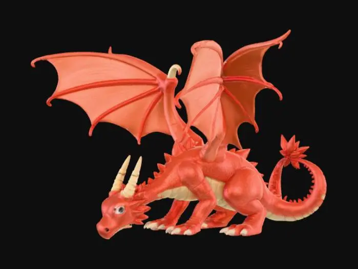 3D model for A high-quality 3D render in a chunky world of warcraft/blizzard art style. Use the exact same pose, proportions, body alignment, and camera angle as the reference: a clean left-side orthographic profile with zero perspective distortion. The creature lies completely flat on its belly with its head resting fully on the ground, neck extended forward, body forming a perfectly straight horizontal line from nose to tail, and all four legs splayed outward in a relaxed, natural position. The front legs angle slightly forward and outward, and the back legs angle slightly backward and outward. Maintain perfect left-right symmetry, smooth rounded shapes, simple soft lighting, and a neutral background. Now recreate this same fixed pose and style, but as a winged dragon, keeping the vinyl texture