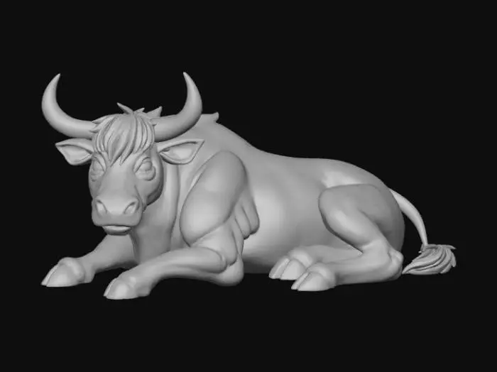 3D model for A high-quality 3D render in a chunky world of warcraft/blizzard art style. Use the exact same pose, proportions, body alignment, and camera angle as the reference: a clean left-side orthographic profile with zero perspective distortion. The creature lies completely flat on its belly with its head resting fully on the ground, neck extended forward, body forming a perfectly straight horizontal line from nose to tail, and all four legs splayed outward in a relaxed, natural position. The front legs angle slightly forward and outward, and the back legs angle slightly backward and outward. Maintain perfect left-right symmetry, smooth rounded shapes, simple soft lighting, and a neutral background. Now recreate this same fixed pose and style, but as a highland cow, keeping the vinyl texture