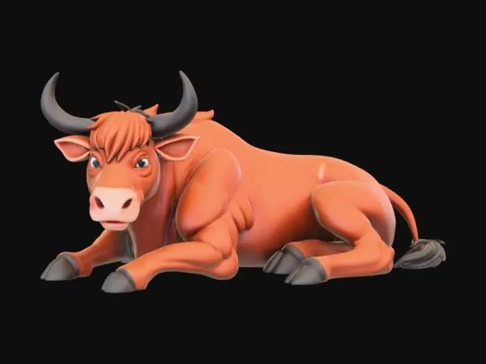 3D model for A high-quality 3D render in a chunky world of warcraft/blizzard art style. Use the exact same pose, proportions, body alignment, and camera angle as the reference: a clean left-side orthographic profile with zero perspective distortion. The creature lies completely flat on its belly with its head resting fully on the ground, neck extended forward, body forming a perfectly straight horizontal line from nose to tail, and all four legs splayed outward in a relaxed, natural position. The front legs angle slightly forward and outward, and the back legs angle slightly backward and outward. Maintain perfect left-right symmetry, smooth rounded shapes, simple soft lighting, and a neutral background. Now recreate this same fixed pose and style, but as a highland cow, keeping the vinyl texture