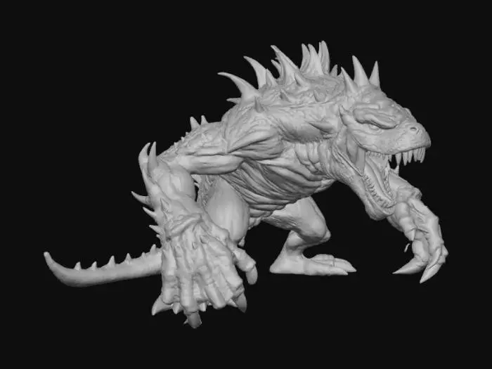 3D model for High detail, Saw toothed monster, posed on a rocky terrain.