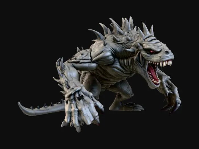 3D model for High detail, Saw toothed monster, posed on a rocky terrain.