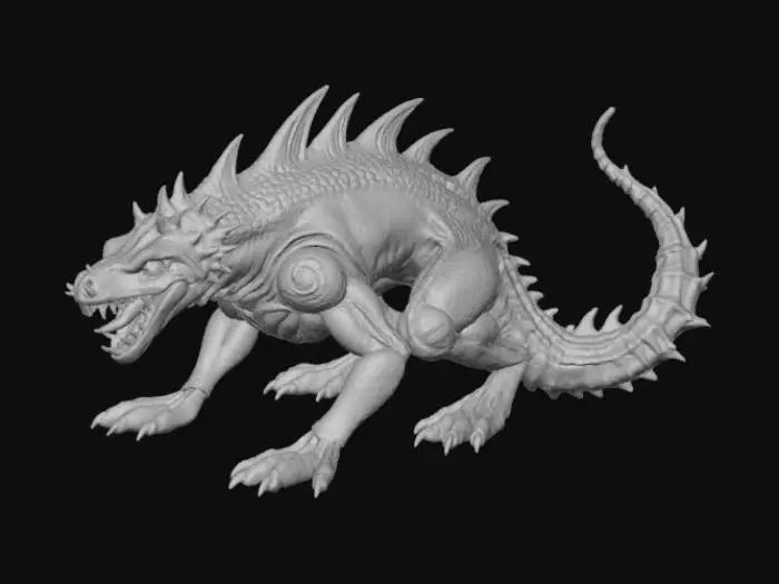 3D model for High detail, Saw toothed monster, posed on a rocky terrain.