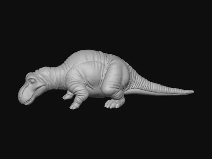 3D model for Create a high-quality 3D render in a chunky world of warcraft/blizzard art style. Use the exact same pose, proportions, body alignment, and camera angle as the reference: a clean left-side orthographic profile with zero perspective distortion. The creature lies completely flat on its belly with its head resting fully on the ground, neck extended forward, body forming a perfectly straight horizontal line from nose to tail, and all four legs splayed outward in a relaxed, natural position. The front legs angle slightly forward and outward, and the back legs angle slightly backward and outward. Maintain perfect left-right symmetry, smooth rounded shapes, simple soft lighting, and a neutral background. Now recreate this same fixed pose and style, but as a t-rex, keeping the vinyl