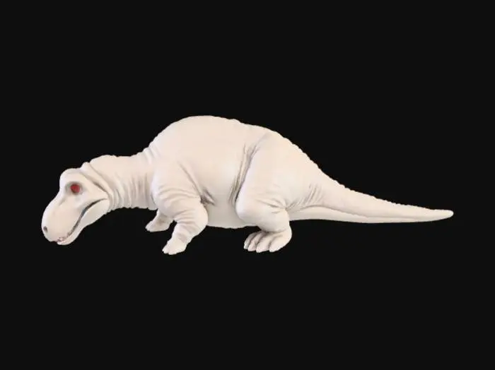3D model for Create a high-quality 3D render in a chunky world of warcraft/blizzard art style. Use the exact same pose, proportions, body alignment, and camera angle as the reference: a clean left-side orthographic profile with zero perspective distortion. The creature lies completely flat on its belly with its head resting fully on the ground, neck extended forward, body forming a perfectly straight horizontal line from nose to tail, and all four legs splayed outward in a relaxed, natural position. The front legs angle slightly forward and outward, and the back legs angle slightly backward and outward. Maintain perfect left-right symmetry, smooth rounded shapes, simple soft lighting, and a neutral background. Now recreate this same fixed pose and style, but as a t-rex, keeping the vinyl