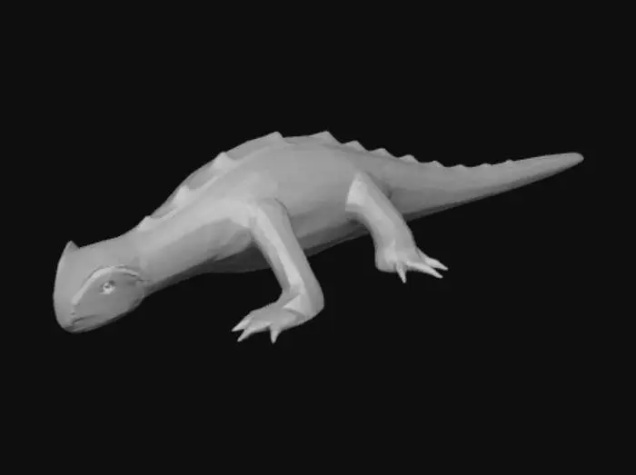 3D model for Create a high-quality 3D render in a chunky world of warcraft/blizzard art style. Use the exact same pose, proportions, body alignment, and camera angle as the reference: a clean left-side orthographic profile with zero perspective distortion. The creature lies completely flat on its belly with its head resting fully on the ground, neck extended forward, body forming a perfectly straight horizontal line from nose to tail, and all four legs splayed outward in a relaxed, natural position. The front legs angle slightly forward and outward, and the back legs angle slightly backward and outward. Maintain perfect left-right symmetry, smooth rounded shapes, simple soft lighting, and a neutral background. Now recreate this same fixed pose and style, but as a dragon, keeping the vinyl texture