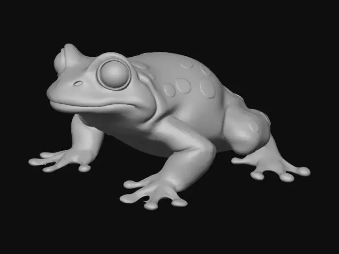 3D model for A high-quality 3D render in a chunky world of warcraft/blizzard art style. Use the exact same pose, proportions, body alignment, and camera angle as the reference: a clean left-side orthographic profile with zero perspective distortion. The creature lies completely flat on its belly with its head resting fully on the ground, neck extended forward, body forming a perfectly straight horizontal line from nose to tail, and all four legs splayed outward in a relaxed, natural position. The front legs angle slightly forward and outward, and the back legs angle slightly backward and outward. Maintain perfect left-right symmetry, smooth rounded shapes, simple soft lighting, and a neutral background. Now recreate this same fixed pose and style, but as a frog, keeping the vinyl texture