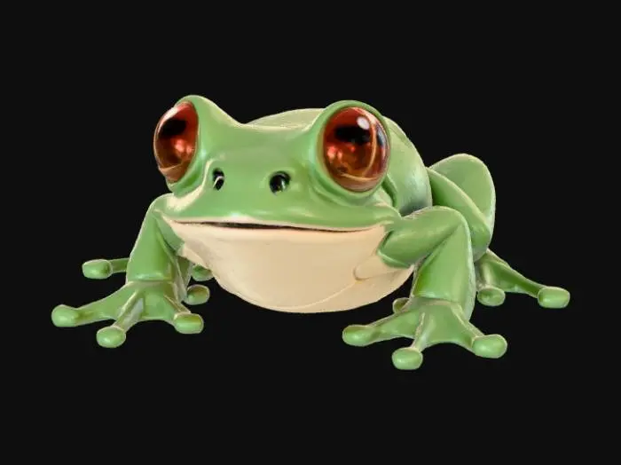 3D model for A high-quality 3D render in a chunky world of warcraft/blizzard art style. Use the exact same pose, proportions, body alignment, and camera angle as the reference: a clean left-side orthographic profile with zero perspective distortion. The creature lies completely flat on its belly with its head resting fully on the ground, neck extended forward, body forming a perfectly straight horizontal line from nose to tail, and all four legs splayed outward in a relaxed, natural position. The front legs angle slightly forward and outward, and the back legs angle slightly backward and outward. Maintain perfect left-right symmetry, smooth rounded shapes, simple soft lighting, and a neutral background. Now recreate this same fixed pose and style, but as a frog, keeping the vinyl texture