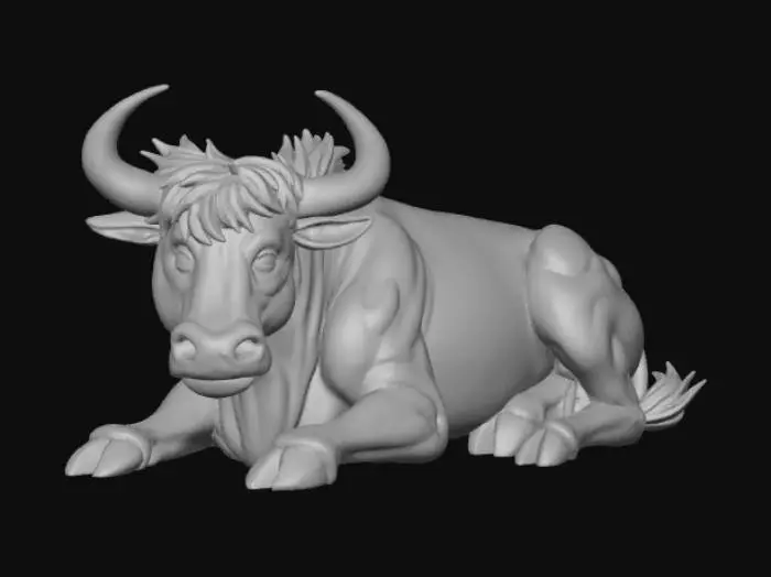 3D model for A high-quality 3D render in a chunky world of warcraft/blizzard art style. Use the exact same pose, proportions, body alignment, and camera angle as the reference: a clean left-side orthographic profile with zero perspective distortion. The creature lies completely flat on its belly with its head resting fully on the ground, neck extended forward, body forming a perfectly straight horizontal line from nose to tail, and all four legs splayed outward in a relaxed, natural position. The front legs angle slightly forward and outward, and the back legs angle slightly backward and outward. Maintain perfect left-right symmetry, smooth rounded shapes, simple soft lighting, and a neutral background. Now recreate this same fixed pose and style, but as a highland cow, keeping the vinyl texture