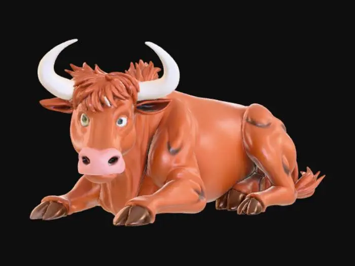 3D model for A high-quality 3D render in a chunky world of warcraft/blizzard art style. Use the exact same pose, proportions, body alignment, and camera angle as the reference: a clean left-side orthographic profile with zero perspective distortion. The creature lies completely flat on its belly with its head resting fully on the ground, neck extended forward, body forming a perfectly straight horizontal line from nose to tail, and all four legs splayed outward in a relaxed, natural position. The front legs angle slightly forward and outward, and the back legs angle slightly backward and outward. Maintain perfect left-right symmetry, smooth rounded shapes, simple soft lighting, and a neutral background. Now recreate this same fixed pose and style, but as a highland cow, keeping the vinyl texture