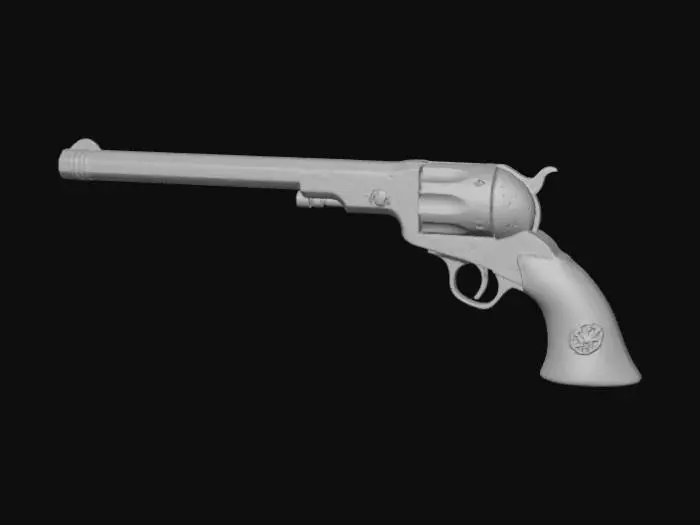3D model for Colt Revolver with bullets inside a wooden box with an embossed emblem, devil warding