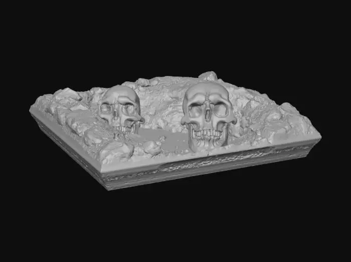 3D model for High deatil, hellfire skulls escaping a rift in the ground, tabletop decoration, with crumbling stone base