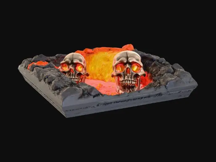 3D model for High deatil, hellfire skulls escaping a rift in the ground, tabletop decoration, with crumbling stone base