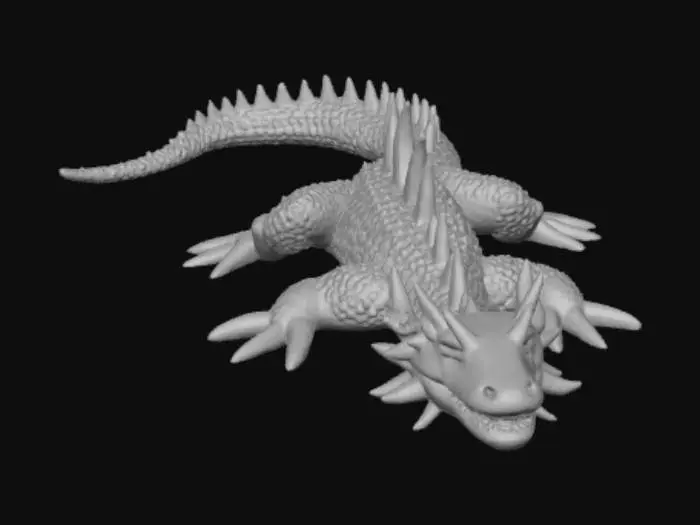3D model for Create a high-quality 3D render in a chunky world of warcraft/blizzard art style. Use the exact same pose, proportions, body alignment, and camera angle as the reference: a clean left-side orthographic profile with zero perspective distortion. The creature lies completely flat on its belly with its head resting fully on the ground, neck extended forward, body forming a perfectly straight horizontal line from nose to tail, and all four legs splayed outward in a relaxed, natural position. The front legs angle slightly forward and outward, and the back legs angle slightly backward and outward. Maintain perfect left-right symmetry, smooth rounded shapes, simple soft lighting, and a neutral background. Now recreate this same fixed pose and style, but as a dragon, keeping the vinyl texture