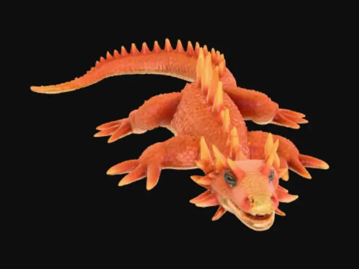 3D model for Create a high-quality 3D render in a chunky world of warcraft/blizzard art style. Use the exact same pose, proportions, body alignment, and camera angle as the reference: a clean left-side orthographic profile with zero perspective distortion. The creature lies completely flat on its belly with its head resting fully on the ground, neck extended forward, body forming a perfectly straight horizontal line from nose to tail, and all four legs splayed outward in a relaxed, natural position. The front legs angle slightly forward and outward, and the back legs angle slightly backward and outward. Maintain perfect left-right symmetry, smooth rounded shapes, simple soft lighting, and a neutral background. Now recreate this same fixed pose and style, but as a dragon, keeping the vinyl texture