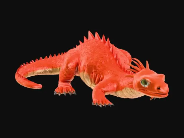 3D model for Create a high-quality 3D render in a chunky world of warcraft/blizzard art style. Use the exact same pose, proportions, body alignment, and camera angle as the reference: a clean left-side orthographic profile with zero perspective distortion. The creature lies completely flat on its belly with its head resting fully on the ground, neck extended forward, body forming a perfectly straight horizontal line from nose to tail, and all four legs splayed outward in a relaxed, natural position. The front legs angle slightly forward and outward, and the back legs angle slightly backward and outward. Maintain perfect left-right symmetry, smooth rounded shapes, simple soft lighting, and a neutral background. Now recreate this same fixed pose and style, but as a dragon, keeping the vinyl texture