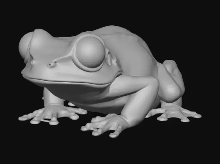3D model for A high-quality 3D render in a chunky world of warcraft/blizzard art style. Use the exact same pose, proportions, body alignment, and camera angle as the reference: a clean left-side orthographic profile with zero perspective distortion. The creature lies completely flat on its belly with its head resting fully on the ground, neck extended forward, body forming a perfectly straight horizontal line from nose to tail, and all four legs splayed outward in a relaxed, natural position. The front legs angle slightly forward and outward, and the back legs angle slightly backward and outward. Maintain perfect left-right symmetry, smooth rounded shapes, simple soft lighting, and a neutral background. Now recreate this same fixed pose and style, but as a tree frog, keeping the vinyl texture