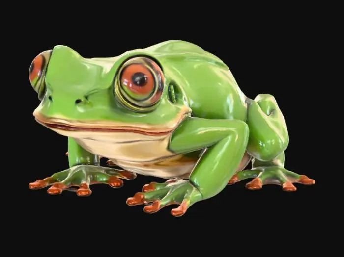 3D model for A high-quality 3D render in a chunky world of warcraft/blizzard art style. Use the exact same pose, proportions, body alignment, and camera angle as the reference: a clean left-side orthographic profile with zero perspective distortion. The creature lies completely flat on its belly with its head resting fully on the ground, neck extended forward, body forming a perfectly straight horizontal line from nose to tail, and all four legs splayed outward in a relaxed, natural position. The front legs angle slightly forward and outward, and the back legs angle slightly backward and outward. Maintain perfect left-right symmetry, smooth rounded shapes, simple soft lighting, and a neutral background. Now recreate this same fixed pose and style, but as a tree frog, keeping the vinyl texture