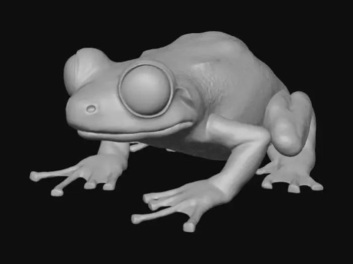 3D model for A high-quality 3D render in a chunky world of warcraft/blizzard art style. Use the exact same pose, proportions, body alignment, and camera angle as the reference: a clean left-side orthographic profile with zero perspective distortion. The creature lies completely flat on its belly with its head resting fully on the ground, neck extended forward, body forming a perfectly straight horizontal line from nose to tail, and all four legs splayed outward in a relaxed, natural position. The front legs angle slightly forward and outward, and the back legs angle slightly backward and outward. Maintain perfect left-right symmetry, smooth rounded shapes, simple soft lighting, and a neutral background. Now recreate this same fixed pose and style, but as a tree frog, keeping the vinyl texture