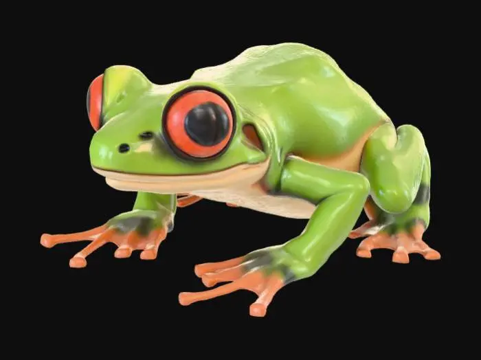 3D model for A high-quality 3D render in a chunky world of warcraft/blizzard art style. Use the exact same pose, proportions, body alignment, and camera angle as the reference: a clean left-side orthographic profile with zero perspective distortion. The creature lies completely flat on its belly with its head resting fully on the ground, neck extended forward, body forming a perfectly straight horizontal line from nose to tail, and all four legs splayed outward in a relaxed, natural position. The front legs angle slightly forward and outward, and the back legs angle slightly backward and outward. Maintain perfect left-right symmetry, smooth rounded shapes, simple soft lighting, and a neutral background. Now recreate this same fixed pose and style, but as a tree frog, keeping the vinyl texture