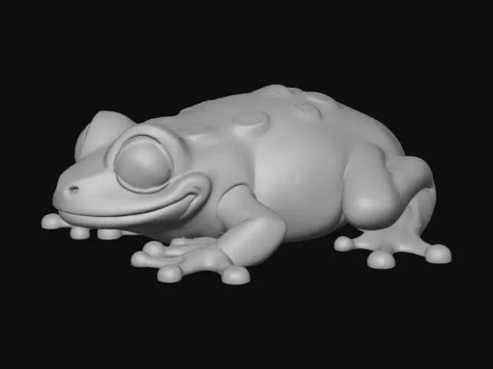 3D model for A high-quality 3D render in a chunky world of warcraft/blizzard art style. Use the exact same pose, proportions, body alignment, and camera angle as the reference: a clean left-side orthographic profile with zero perspective distortion. The creature lies completely flat on its belly with its head resting fully on the ground, neck extended forward, body forming a perfectly straight horizontal line from nose to tail, and all four legs splayed outward in a relaxed, natural position. The front legs angle slightly forward and outward, and the back legs angle slightly backward and outward. Maintain perfect left-right symmetry, smooth rounded shapes, simple soft lighting, and a neutral background. Now recreate this same fixed pose and style, but as a frog, keeping the vinyl texture