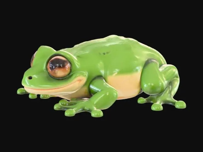 3D model for A high-quality 3D render in a chunky world of warcraft/blizzard art style. Use the exact same pose, proportions, body alignment, and camera angle as the reference: a clean left-side orthographic profile with zero perspective distortion. The creature lies completely flat on its belly with its head resting fully on the ground, neck extended forward, body forming a perfectly straight horizontal line from nose to tail, and all four legs splayed outward in a relaxed, natural position. The front legs angle slightly forward and outward, and the back legs angle slightly backward and outward. Maintain perfect left-right symmetry, smooth rounded shapes, simple soft lighting, and a neutral background. Now recreate this same fixed pose and style, but as a frog, keeping the vinyl texture