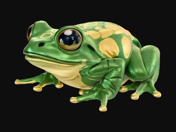 3D model for A high-quality 3D render in a chunky world of warcraft/blizzard art style. Use the exact same pose, proportions, body alignment, and camera angle as the reference: a clean left-side orthographic profile with zero perspective distortion. The creature lies completely flat on its belly with its head resting fully on the ground, neck extended forward, body forming a perfectly straight horizontal line from nose to tail, and all four legs splayed outward in a relaxed, natural position. The front legs angle slightly forward and outward, and the back legs angle slightly backward and outward. Maintain perfect left-right symmetry, smooth rounded shapes, simple soft lighting, and a neutral background. Now recreate this same fixed pose and style, but as a frog, keeping the vinyl texture