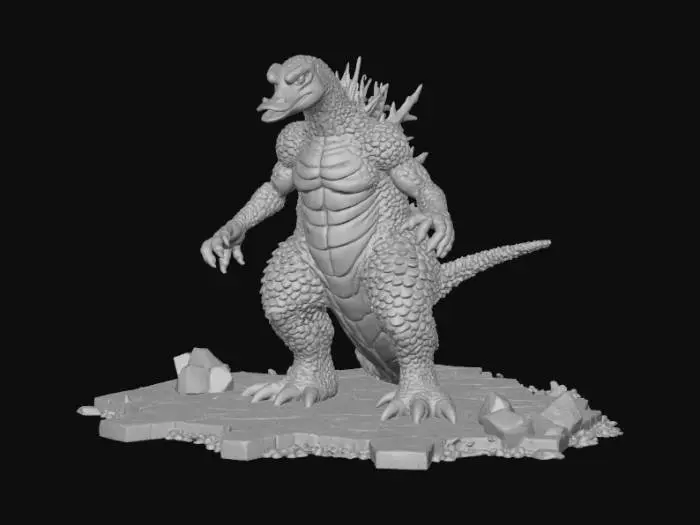 3D model for High detail, Duckzilla, standing on a broken rubble road base.