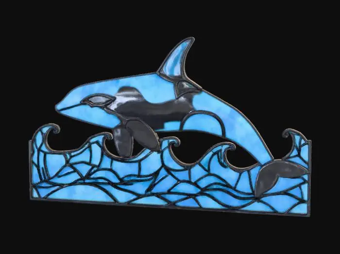 3D model for Stained glass, orca whale with ocean landscape, shaped in the form of a lamp shade, NO lamp