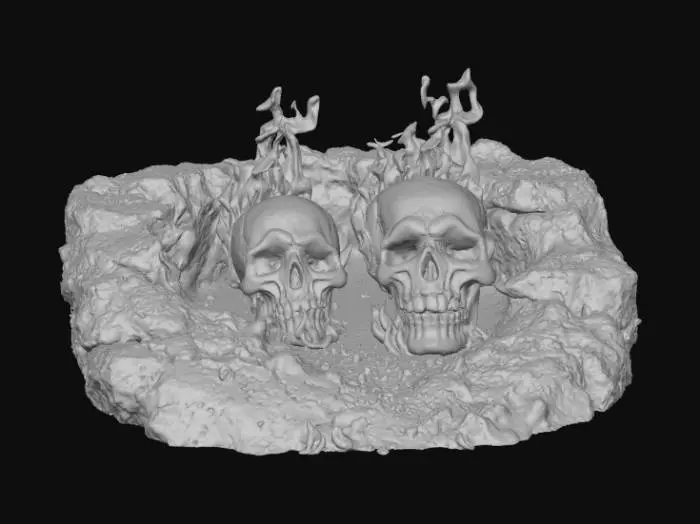 3D model for High deatil, hellfire skulls escaping a rift in the ground, tabletop decoration, with crumbling stone base