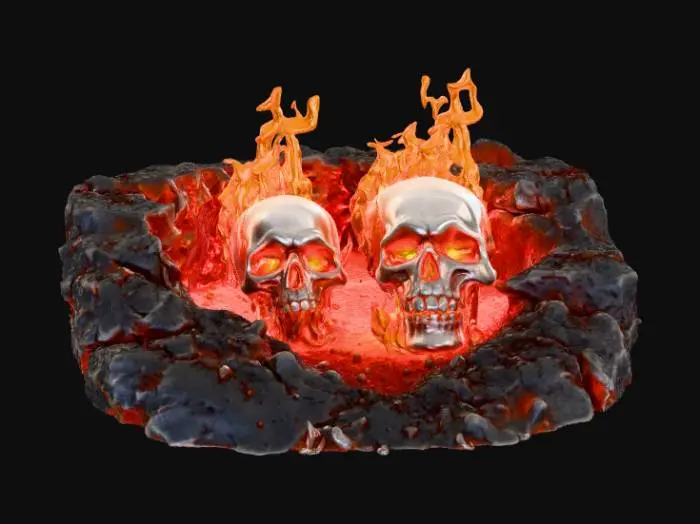 3D model for High deatil, hellfire skulls escaping a rift in the ground, tabletop decoration, with crumbling stone base