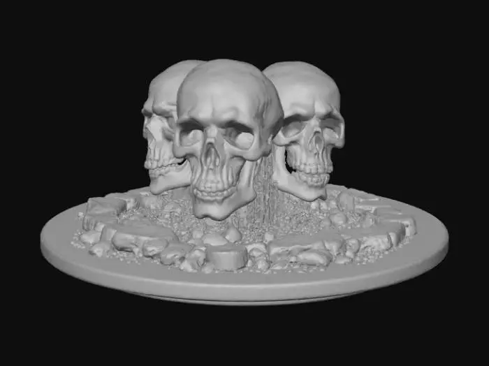 3D model for High deatil, hellfire skulls escaping a rift in the ground, tabletop decoration, with crumbling stone base