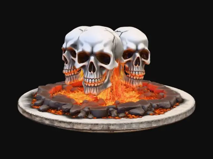 3D model for High deatil, hellfire skulls escaping a rift in the ground, tabletop decoration, with crumbling stone base