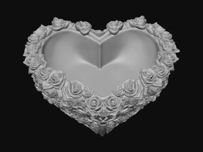 3D model for Smooth detail, extravagant, multi rose, heart shapped bowl, outside of the bowl covered in miniture roses, smooth, hollow inside of the bowl.