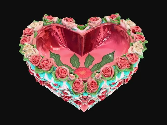 3D model for Smooth detail, extravagant, multi rose, heart shapped bowl, outside of the bowl covered in miniture roses, smooth, hollow inside of the bowl.