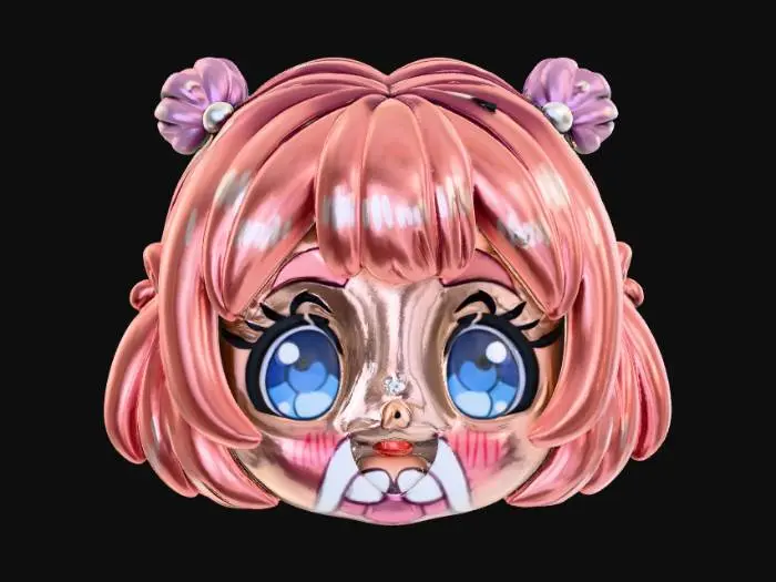 3D model for Kawaii, flat, smooth detail, enamel pin, designed like an anime girl