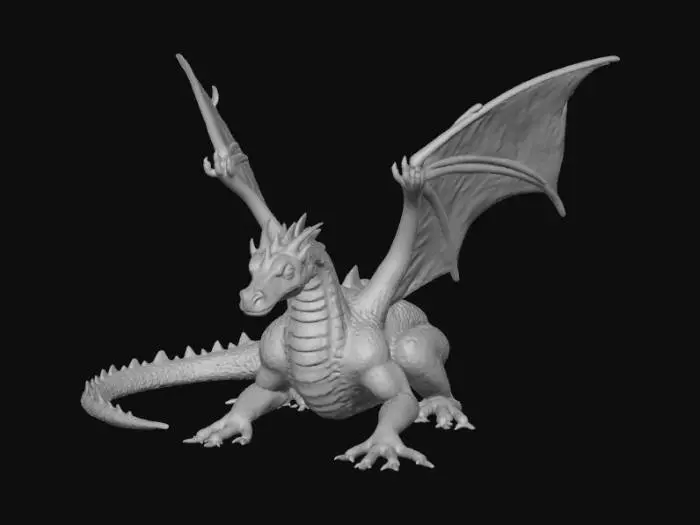 3D model for A high-quality 3D render in a chunky world of warcraft/blizzard art style. Use the exact same pose, proportions, body alignment, and camera angle as the reference: a clean left-side orthographic profile with zero perspective distortion. The creature lies completely flat on its belly with its head resting fully on the ground, neck extended forward, body forming a perfectly straight horizontal line from nose to tail, and all four legs splayed outward in a relaxed, natural position. The front legs angle slightly forward and outward, and the back legs angle slightly backward and outward. Maintain perfect left-right symmetry, smooth rounded shapes, simple soft lighting, and a neutral background. Now recreate this same fixed pose and style, but as a winged dragon, keeping the vinyl texture