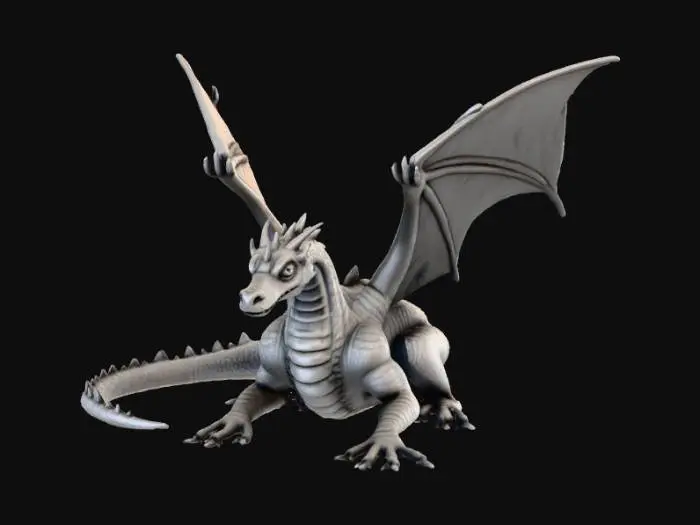 3D model for A high-quality 3D render in a chunky world of warcraft/blizzard art style. Use the exact same pose, proportions, body alignment, and camera angle as the reference: a clean left-side orthographic profile with zero perspective distortion. The creature lies completely flat on its belly with its head resting fully on the ground, neck extended forward, body forming a perfectly straight horizontal line from nose to tail, and all four legs splayed outward in a relaxed, natural position. The front legs angle slightly forward and outward, and the back legs angle slightly backward and outward. Maintain perfect left-right symmetry, smooth rounded shapes, simple soft lighting, and a neutral background. Now recreate this same fixed pose and style, but as a winged dragon, keeping the vinyl texture
