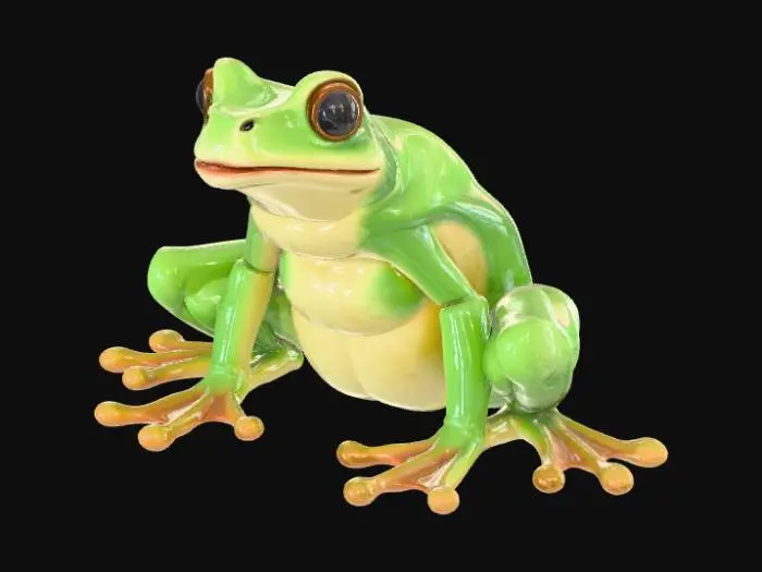 3D model for A high-quality 3D render in a chunky world of warcraft/blizzard art style. Use the exact same pose, proportions, body alignment, and camera angle as the reference: a clean left-side orthographic profile with zero perspective distortion. The creature lies completely flat on its belly with its head resting fully on the ground, neck extended forward, body forming a perfectly straight horizontal line from nose to tail, and all four legs splayed outward in a relaxed, natural position. The front legs angle slightly forward and outward, and the back legs angle slightly backward and outward. Maintain perfect left-right symmetry, smooth rounded shapes, simple soft lighting, and a neutral background. Now recreate this same fixed pose and style, but as a tree frog, keeping the vinyl texture