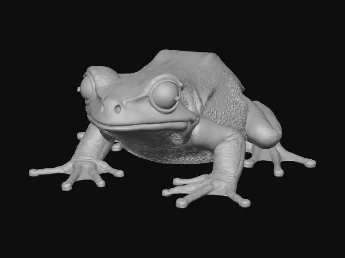 3D model for A high-quality 3D render in a chunky world of warcraft/blizzard art style. Use the exact same pose, proportions, body alignment, and camera angle as the reference: a clean left-side orthographic profile with zero perspective distortion. The creature lies completely flat on its belly with its head resting fully on the ground, neck extended forward, body forming a perfectly straight horizontal line from nose to tail, and all four legs splayed outward in a relaxed, natural position. The front legs angle slightly forward and outward, and the back legs angle slightly backward and outward. Maintain perfect left-right symmetry, smooth rounded shapes, simple soft lighting, and a neutral background. Now recreate this same fixed pose and style, but as a tree frog, keeping the vinyl texture