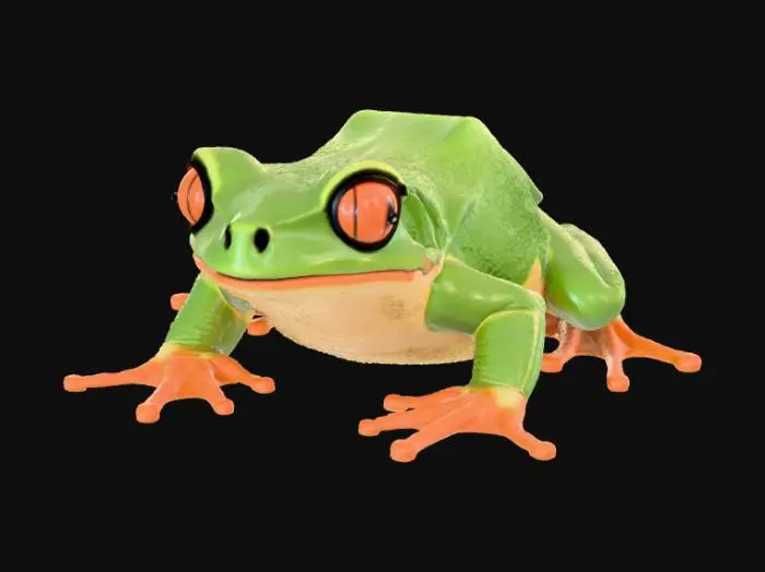 3D model for A high-quality 3D render in a chunky world of warcraft/blizzard art style. Use the exact same pose, proportions, body alignment, and camera angle as the reference: a clean left-side orthographic profile with zero perspective distortion. The creature lies completely flat on its belly with its head resting fully on the ground, neck extended forward, body forming a perfectly straight horizontal line from nose to tail, and all four legs splayed outward in a relaxed, natural position. The front legs angle slightly forward and outward, and the back legs angle slightly backward and outward. Maintain perfect left-right symmetry, smooth rounded shapes, simple soft lighting, and a neutral background. Now recreate this same fixed pose and style, but as a tree frog, keeping the vinyl texture