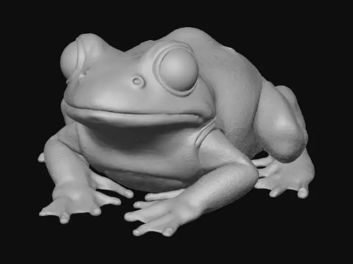 3D model for A high-quality 3D render in a chunky world of warcraft/blizzard art style. Use the exact same pose, proportions, body alignment, and camera angle as the reference: a clean left-side orthographic profile with zero perspective distortion. The creature lies completely flat on its belly with its head resting fully on the ground, neck extended forward, body forming a perfectly straight horizontal line from nose to tail, and all four legs splayed outward in a relaxed, natural position. The front legs angle slightly forward and outward, and the back legs angle slightly backward and outward. Maintain perfect left-right symmetry, smooth rounded shapes, simple soft lighting, and a neutral background. Now recreate this same fixed pose and style, but as a frog, keeping the vinyl texture