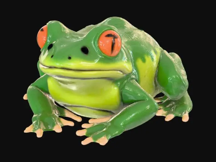 3D model for A high-quality 3D render in a chunky world of warcraft/blizzard art style. Use the exact same pose, proportions, body alignment, and camera angle as the reference: a clean left-side orthographic profile with zero perspective distortion. The creature lies completely flat on its belly with its head resting fully on the ground, neck extended forward, body forming a perfectly straight horizontal line from nose to tail, and all four legs splayed outward in a relaxed, natural position. The front legs angle slightly forward and outward, and the back legs angle slightly backward and outward. Maintain perfect left-right symmetry, smooth rounded shapes, simple soft lighting, and a neutral background. Now recreate this same fixed pose and style, but as a frog, keeping the vinyl texture