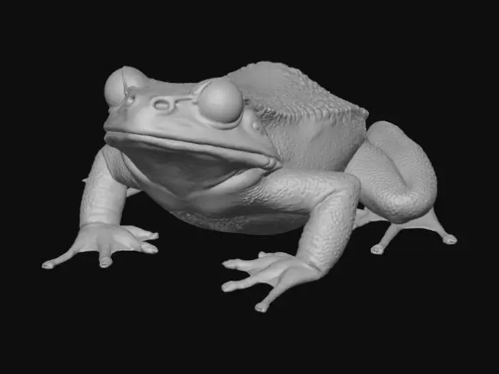 3D model for A high-quality 3D render in a chunky world of warcraft/blizzard art style. Use the exact same pose, proportions, body alignment, and camera angle as the reference: a clean left-side orthographic profile with zero perspective distortion. The creature lies completely flat on its belly with its head resting fully on the ground, neck extended forward, body forming a perfectly straight horizontal line from nose to tail, and all four legs splayed outward in a relaxed, natural position. The front legs angle slightly forward and outward, and the back legs angle slightly backward and outward. Maintain perfect left-right symmetry, smooth rounded shapes, simple soft lighting, and a neutral background. Now recreate this same fixed pose and style, but as a frog, keeping the vinyl texture