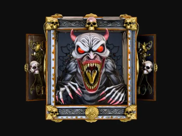 3D model for High detail, square box with one side open, with a high detail, monster inside, with creepy decorations along the inside of the box.