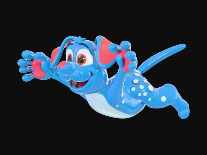 3D model for Smooth detail, cartoon animal, splatting dramatically onto the hardwood floor base.